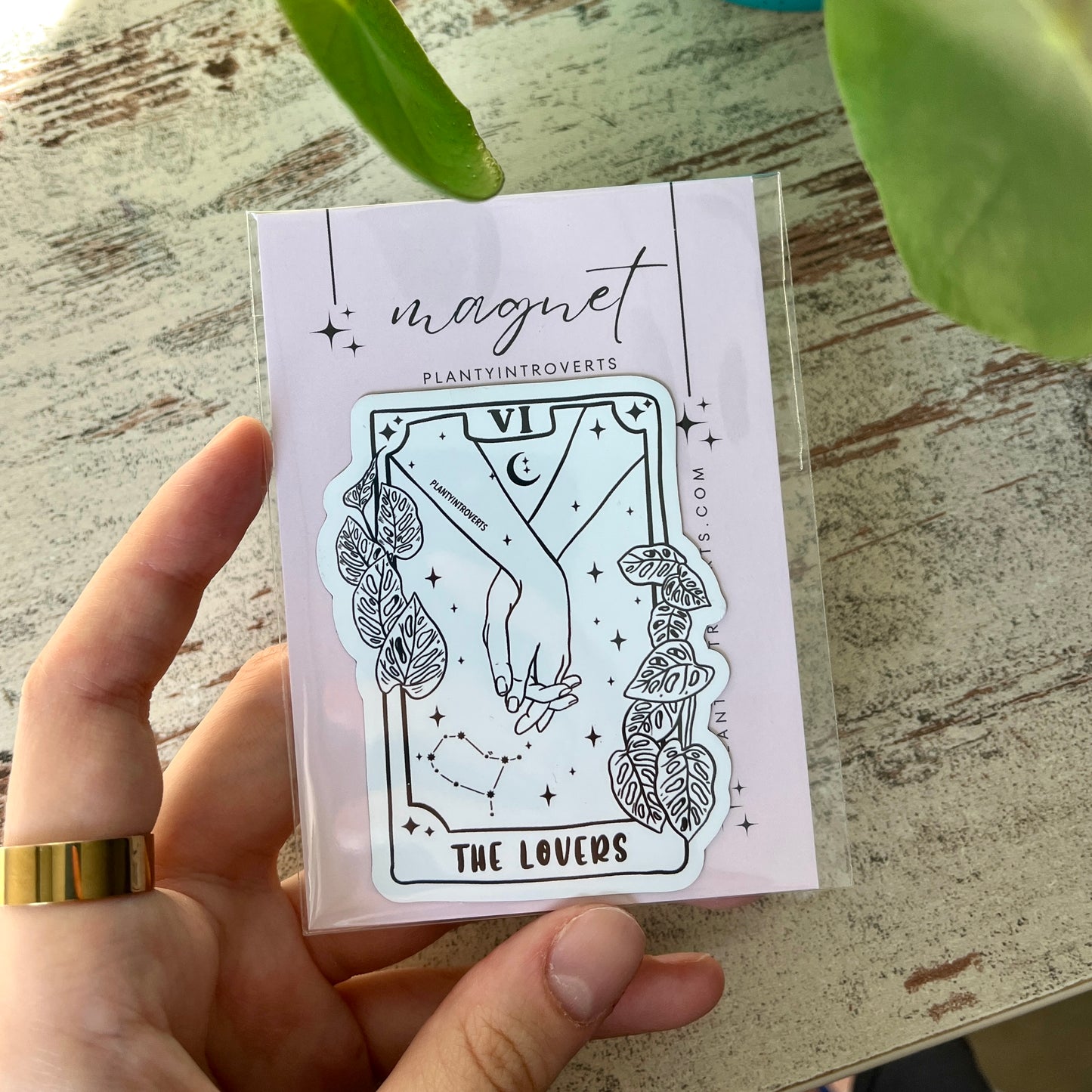 Kühlschrankmagnet - The Lovers Tarotkarte mit Monstera adansonii