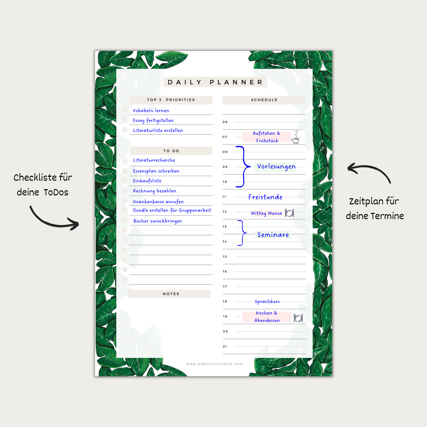 Tagesplaner A5 - Syngonium mit Zeitplan und To Do Liste