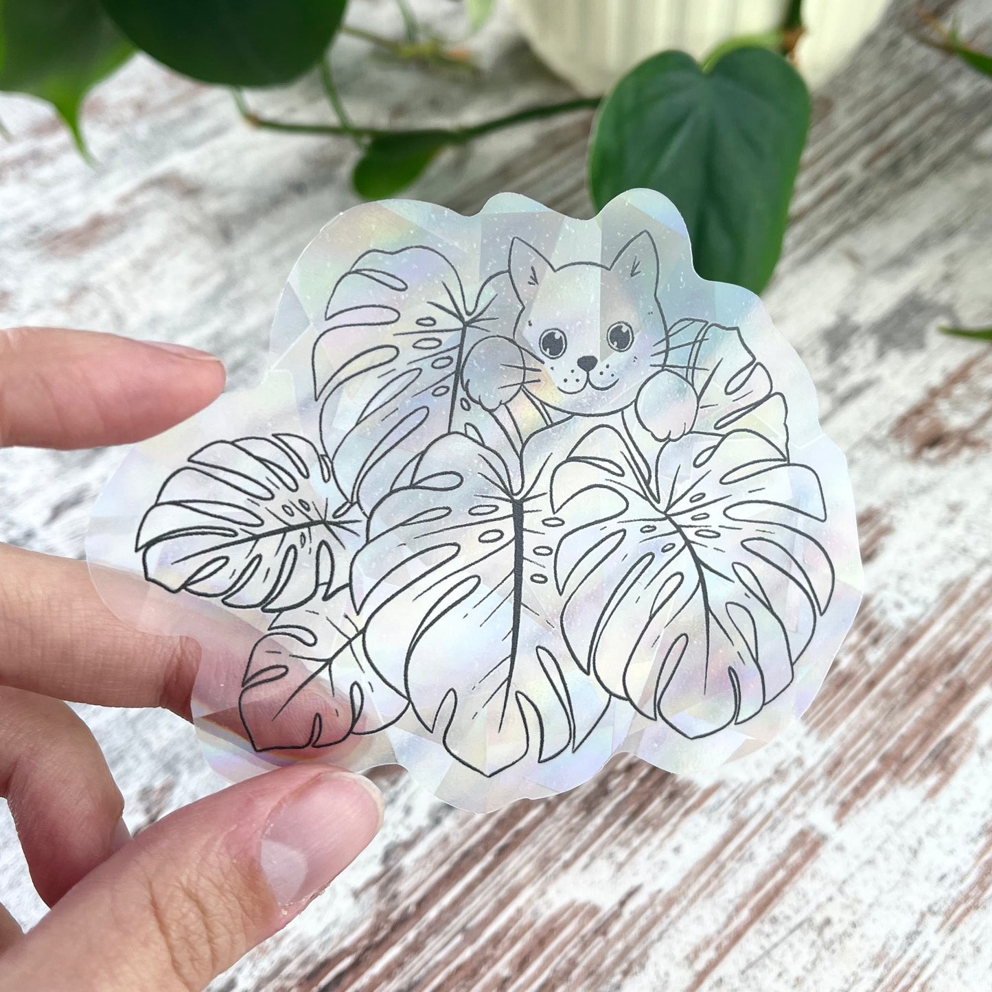 Sun Catcher Sticker - Monstera deliciosa mit Katze - wearequiethumans
