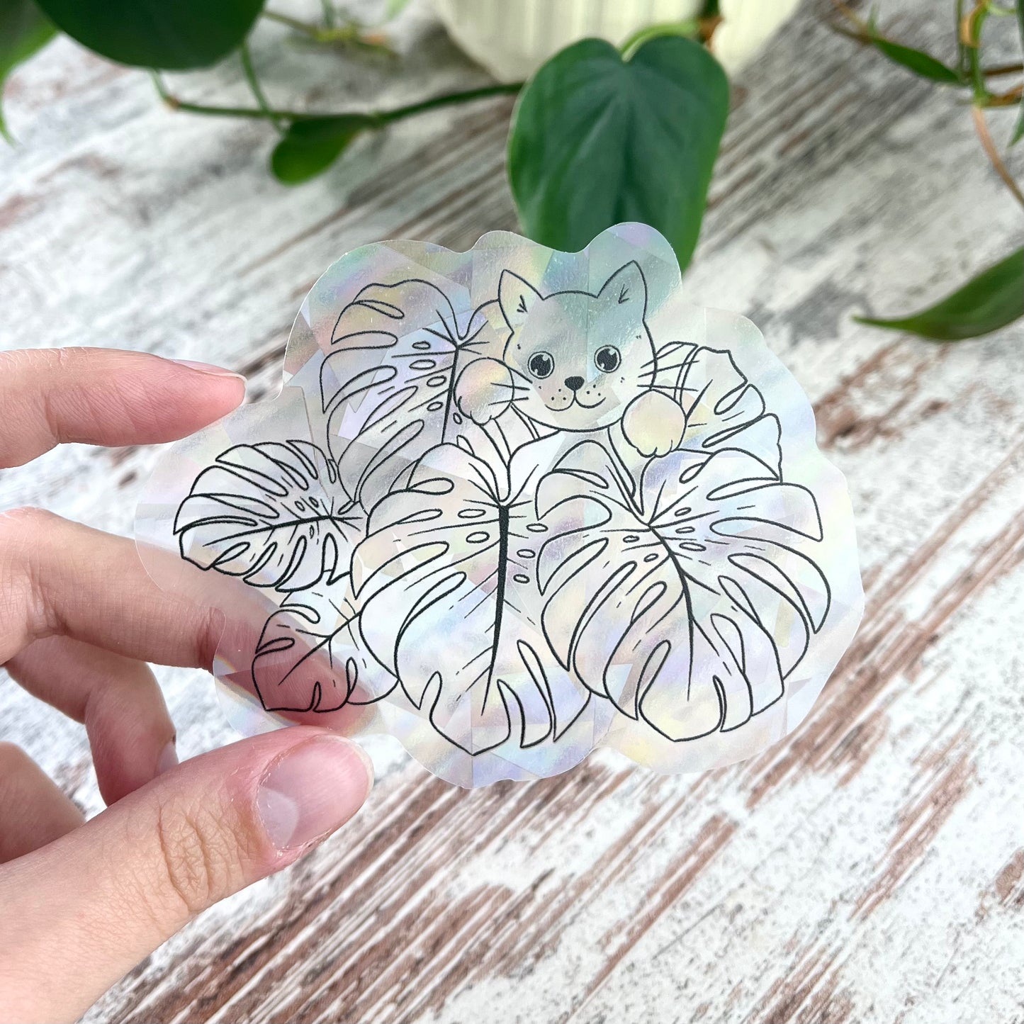 Sun Catcher Sticker - Monstera deliciosa mit Katze - wearequiethumans
