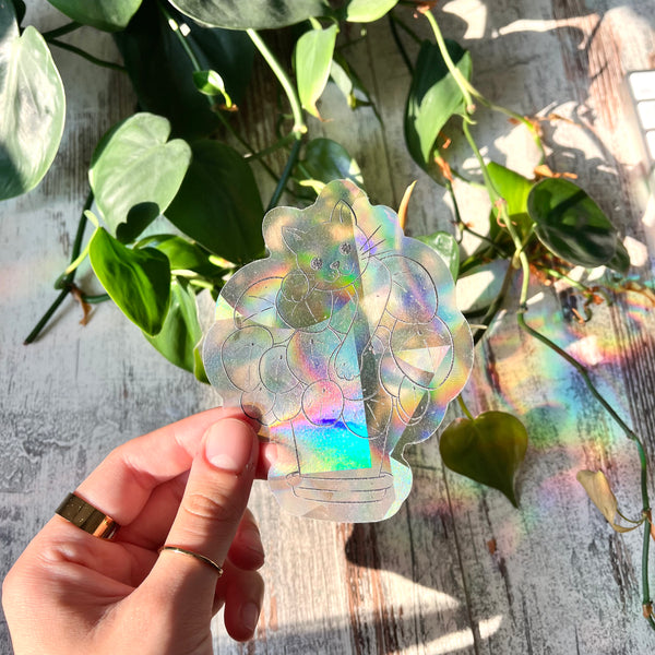 Sun Catcher Sticker - Katze mit Pilea