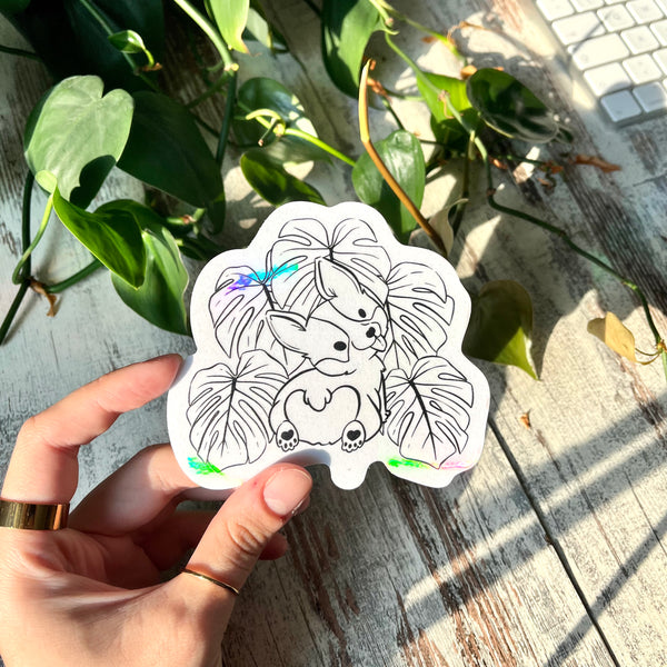 Sun Catcher Sticker - Corgi Hund mit Monstera deliciosa Blättern