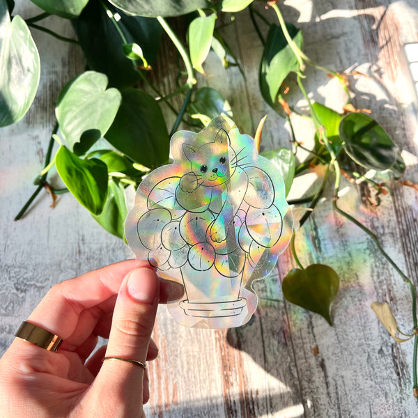 Sun Catcher Sticker - Katze mit Pilea