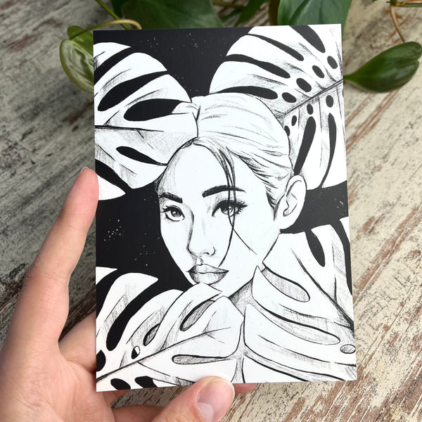 B-Ware: Postkarte / A6 Print -  Plantlady Monstera schwarz - wearequiethumans